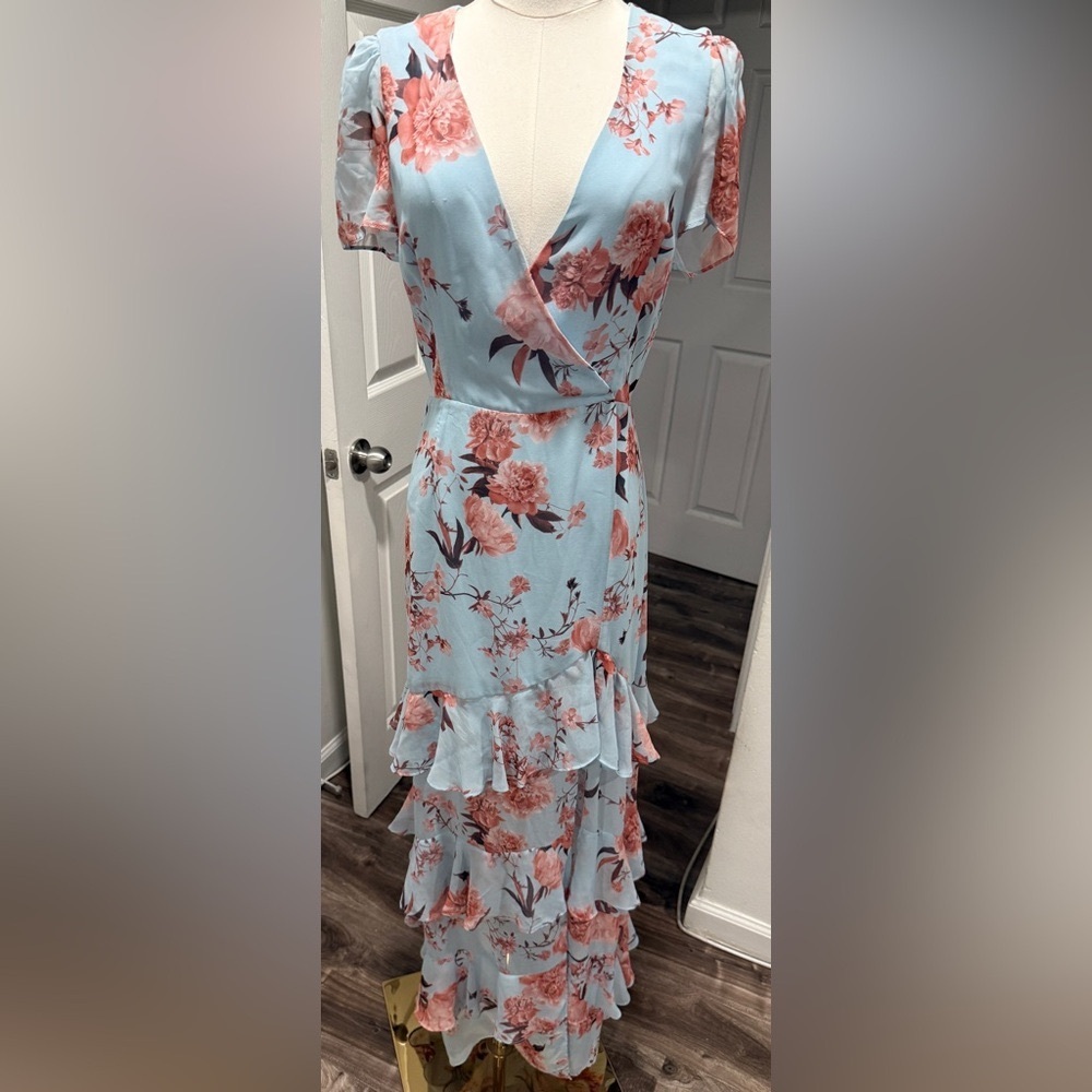 Fame and Partners Blue Floral Ruffle Maxi Dress – Size 6